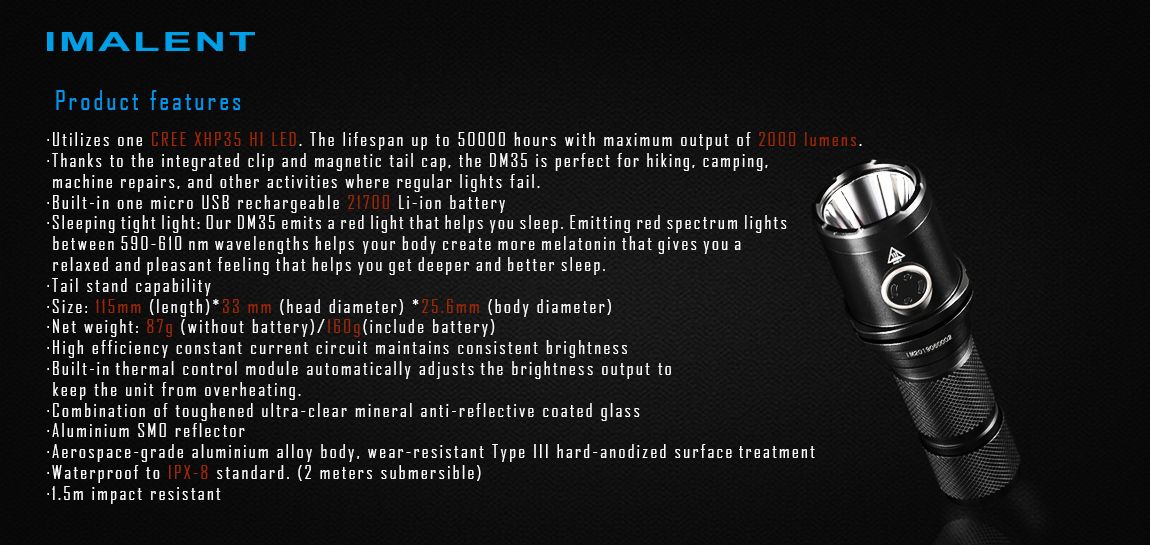 Imalent R90C CREE XHP35 HI LED Rechargeable Flashlight Searchlight