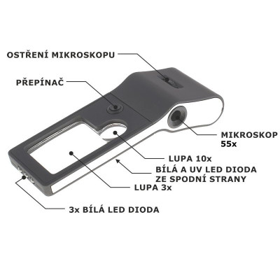 Pocket magnifier 3/10/55x 6in1